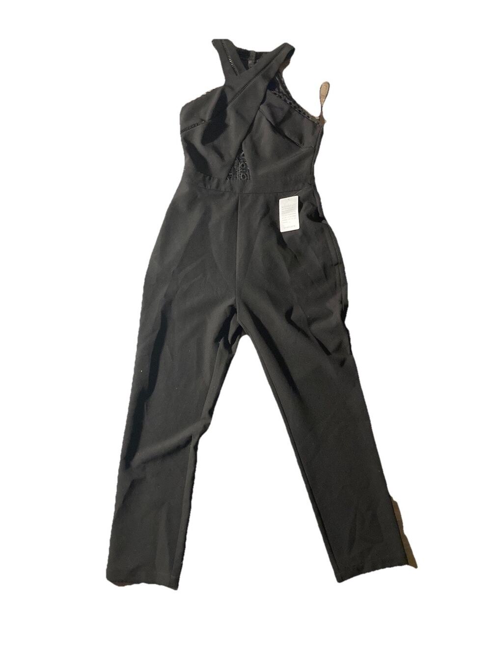 Harlyn Women Medium Black Sleeveless Design Crochet Straight Leg Jumpsuit NWT